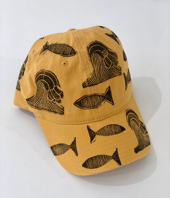 Blockprinted Cap / Mustard Waves and Fish