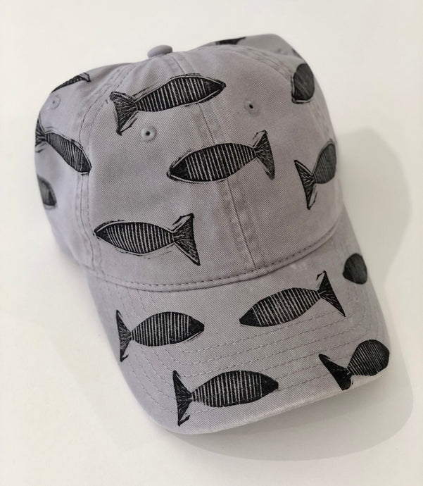 Blockprinted Cap / Grey Fish